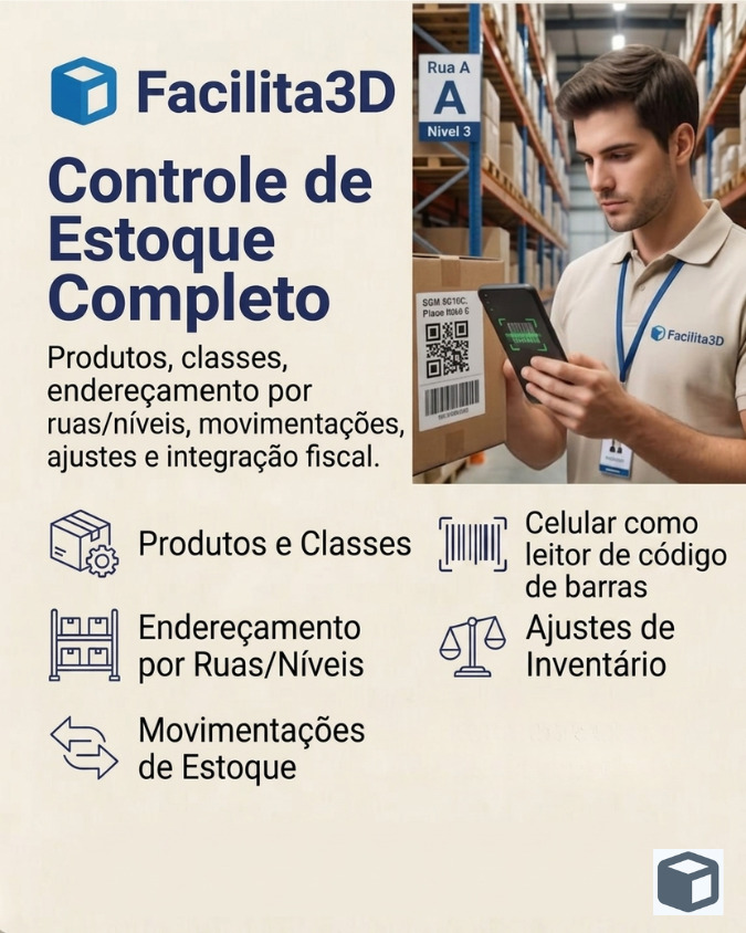 Tela de controle de estoque com código de barras no Facilita3D