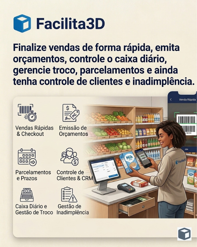 Tela de vendas PDV e caixa integrado do sistema Facilita3D